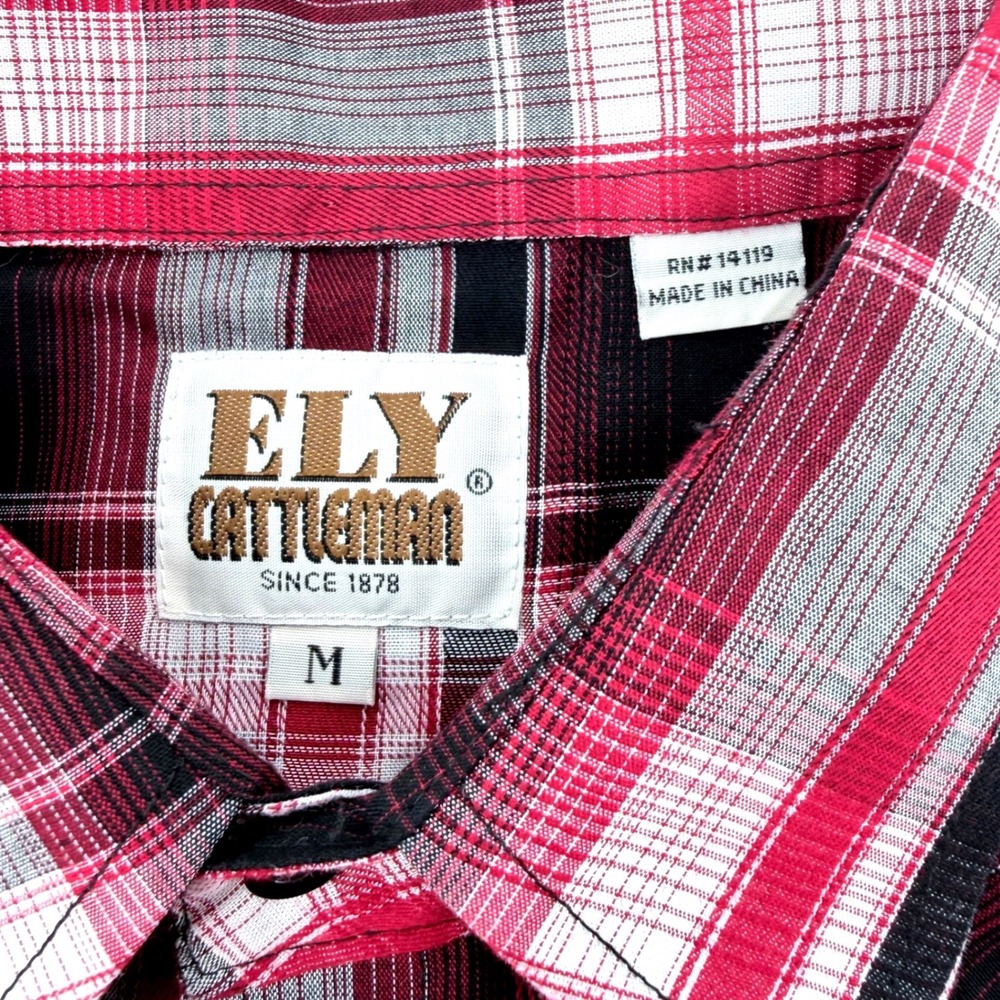 Ely Cattleman Western Shirt Mens M Red Black Plaid Black Pearl Snaps Embroidery - Picture 5 of 10